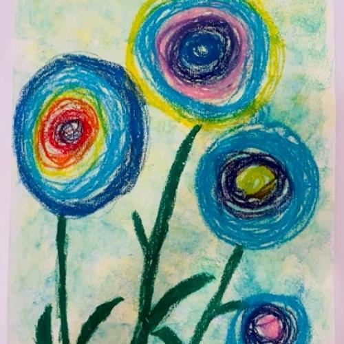 Schwammtechnik mit Blumen aus Wachsmalkreiden