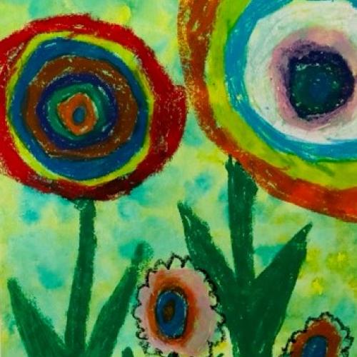Schwammtechnik mit Blumen aus Wachsmalkreiden