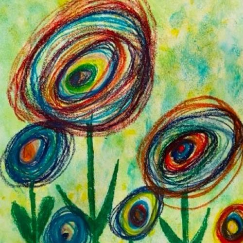 Schwammtechnik mit Blumen aus Wachsmalkreiden