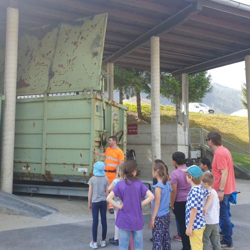 Kinder stehen vor dem Container