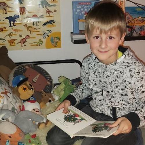 Bub beim Lesen im Bett mit vielen Stofftieren
