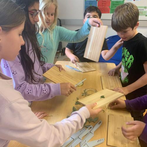 geschnittene Kräuter in ein Gefäß geben