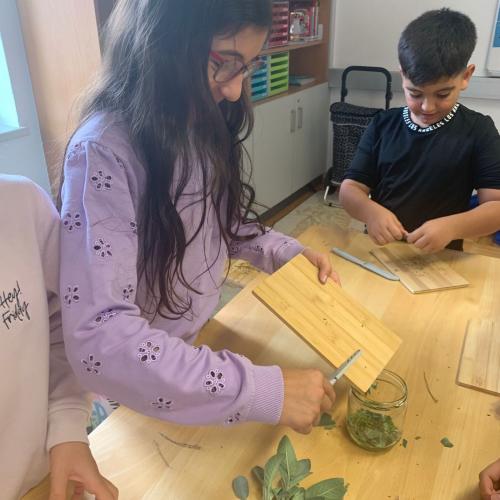 geschnittene Kräuter vom Schneidbrett in ein Glas füllen