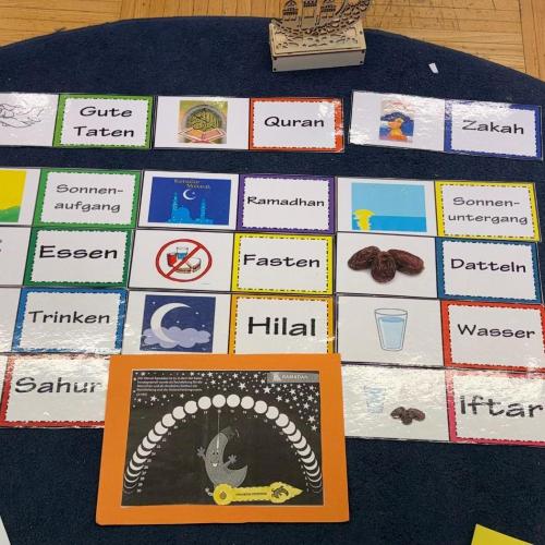 Wort-Bild-Karten auf dem Teppich zum Islam