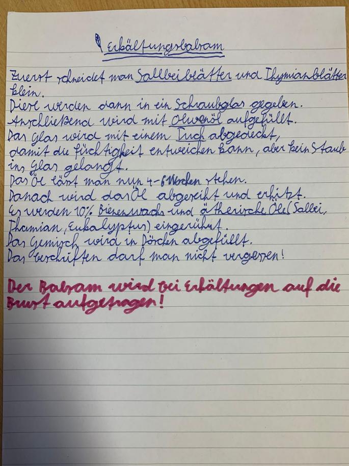 geschriebene Anleitung zum Herstellen eines Erkältungsbalsams