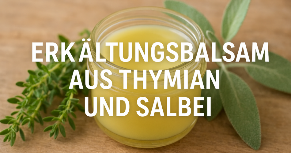 das Bild zeigt Thymian und Salbeiblätter, sowie einen Balsam im Glas