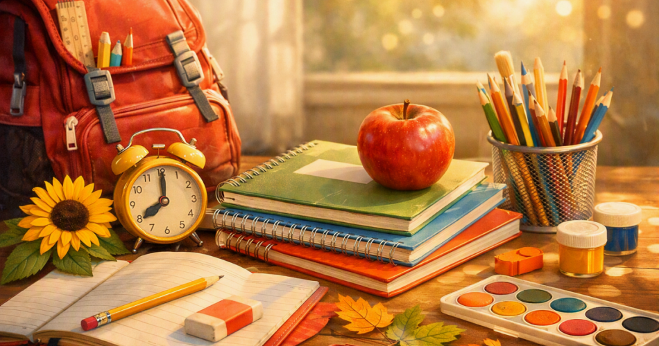 KI-generiertes Bild mit Schulsachen, Büchern, Stiften, Farben und Schultasche auf einem Tisch